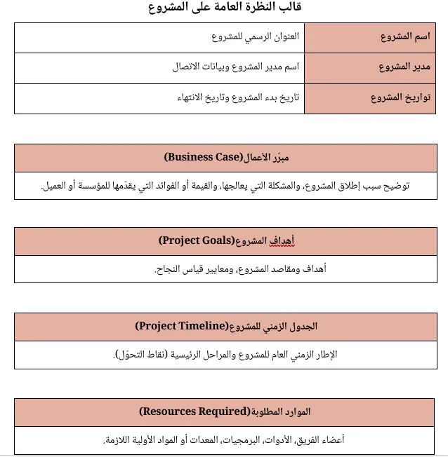 قالب النظرة العامة على المشروع