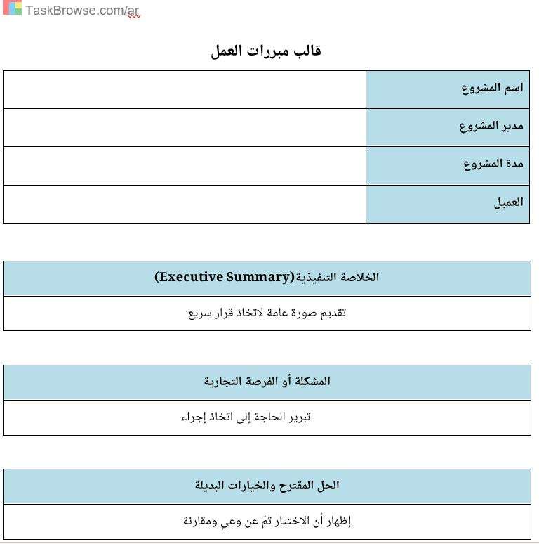 قالب (Template) مبررات العمل