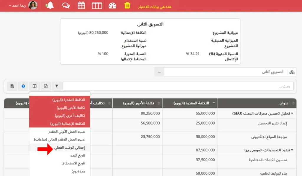 إجمالي الوقت الفعلي في تقرير تكاليف المشاريع