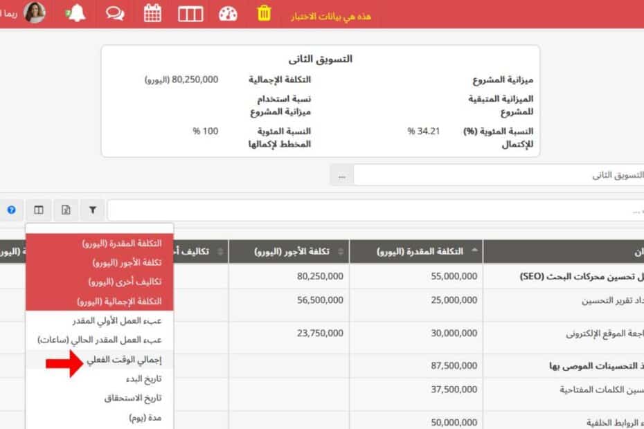 إجمالي الوقت الفعلي في تقرير تكاليف المشاريع